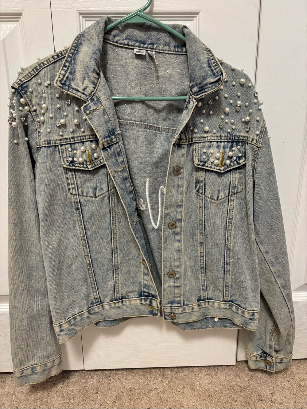 Light Wash Pearl-Studded Denim Jacket - Women